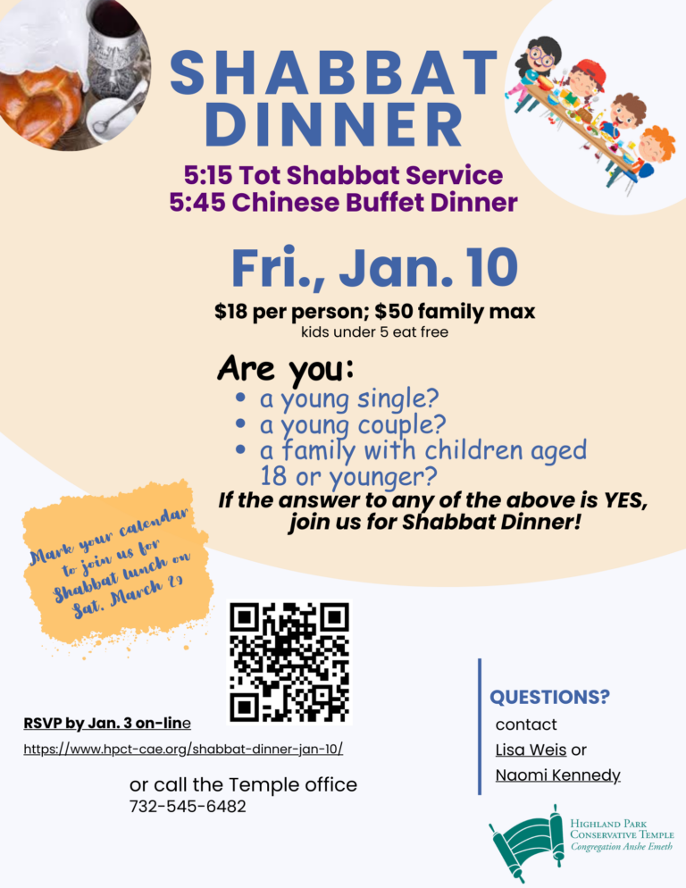 Jan 10 Dinner and Tot Shabbat